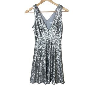 Dress the Population Silver Sequin V-Neck A-line Skater Mini Dress Size Small